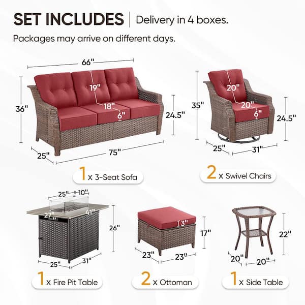 Modern Farmhouse 7-Piece Brown Wicker Fire Pit Conversation Set with 6 in. Red Cushions and Patio Swivel Chairs