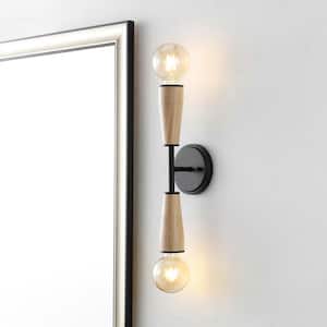 Katia 5.13 in. 2-Light Modern Designer Iron/Wood Double Sided Hourglass LED Wall Sconce, Light Brown/Black