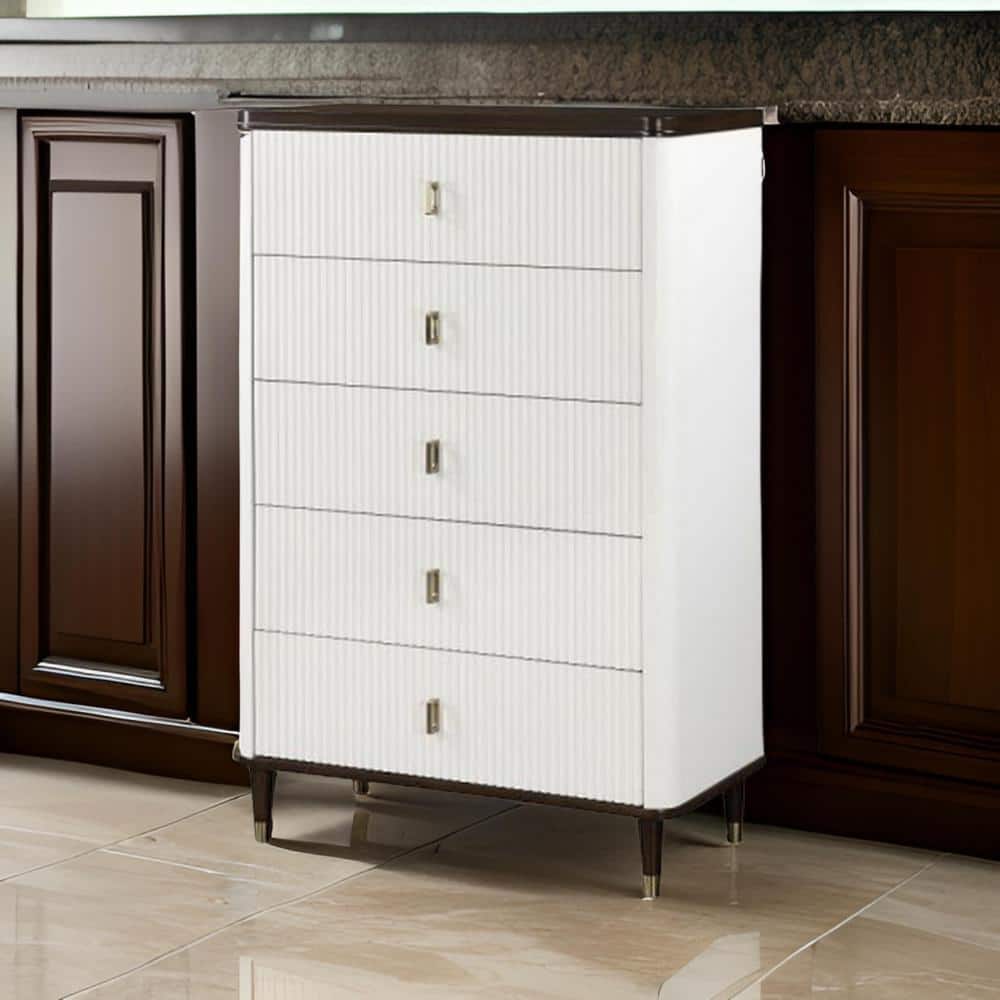 White and Brown Solid Wood Tall Dresser with Metal Accents