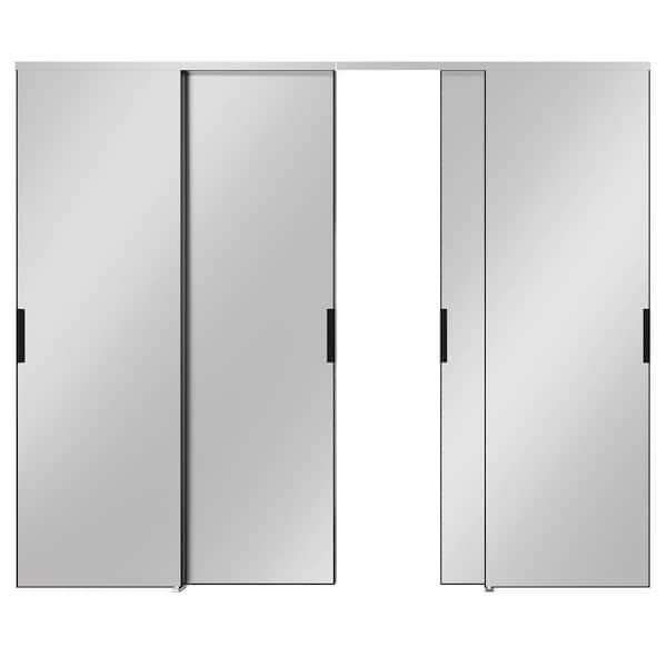 120 in. x 80 in. Full Lite, MDF, Black, Mirrored Glass Sliding Door with Aluminum Frame and Handles
