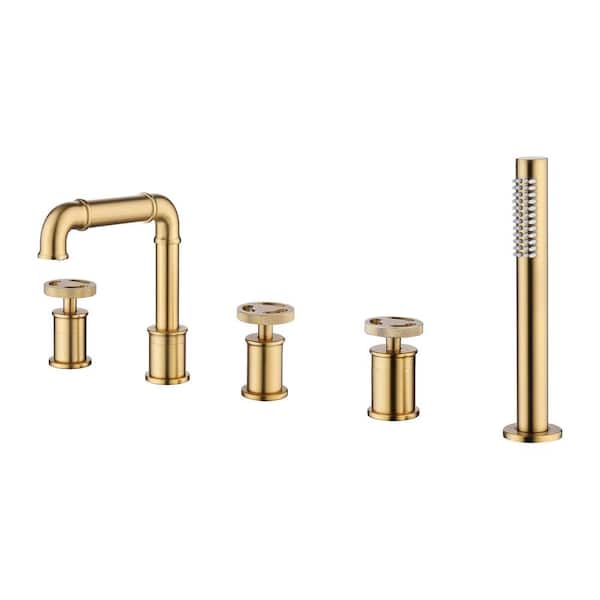 FLG 3-Handle Deck-Mount Roman Tub Faucet with Hand Shower Modern Brass 5-Holes Bathtub Filler in Brushed Gold