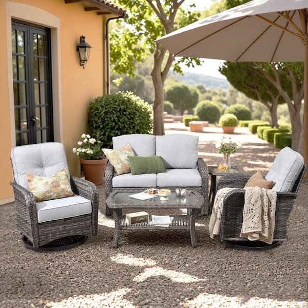 HOOOWOOO Ruby Grey 5-Piece Wicker Outdoor Furniture Patio Conversation Sofa Set with Swivel Chairs and Light Grey Cushions