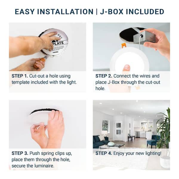 6-Pack-Smart Home 4 in. Adjustable White 2700K-5000K 9-Watt Wafer Slim Panel Downlight with Ultra Slim Junction Box