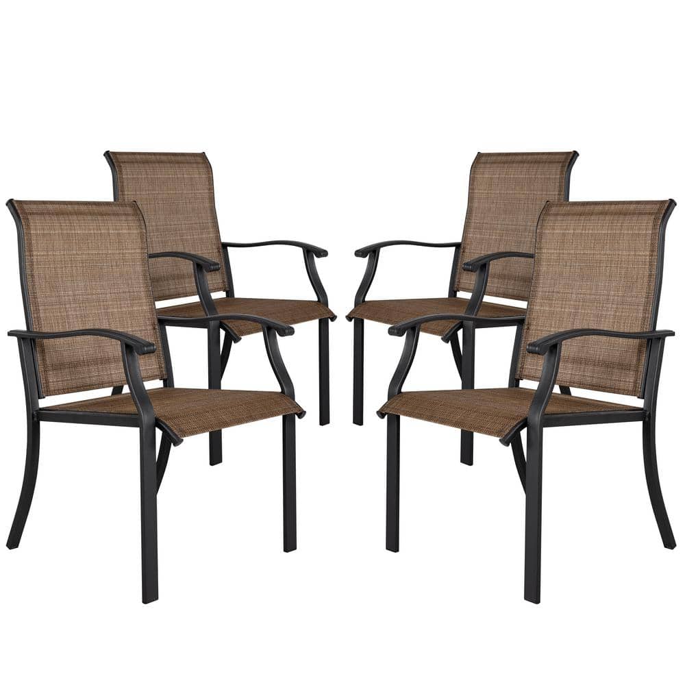 Black and Brown Steel Frame Outdoor Dining Chairs with Armrests