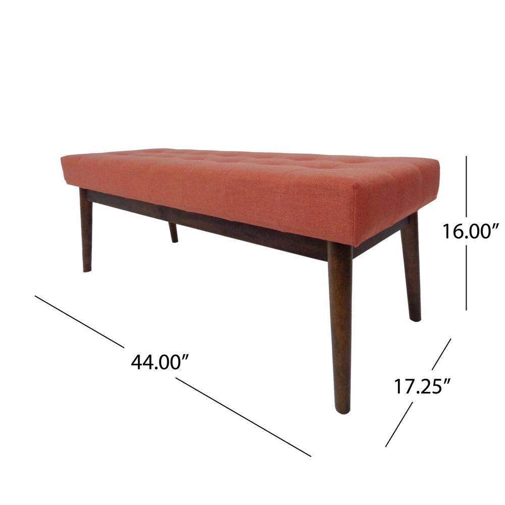 Mid-Century Coral Tufted Fabric Ottoman with Walnut Frame