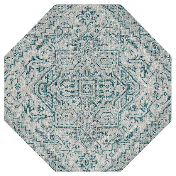 Estrella Bohemian Medallion Textured Weave Teal/Gray 5 ft. Octagon Indoor/Outdoor Area Rug