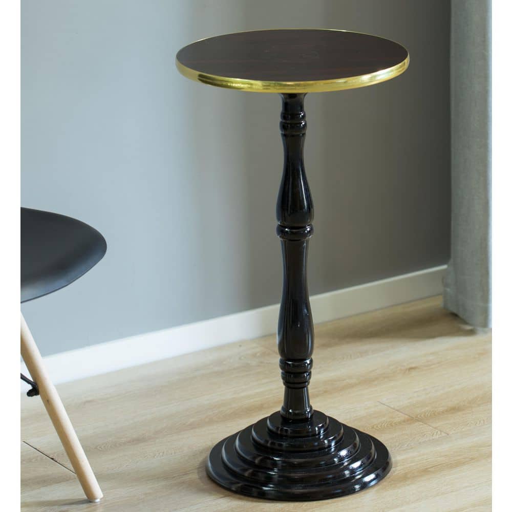 Espresso Wooden Round Pedestal Side Table with Glossy Marble Top