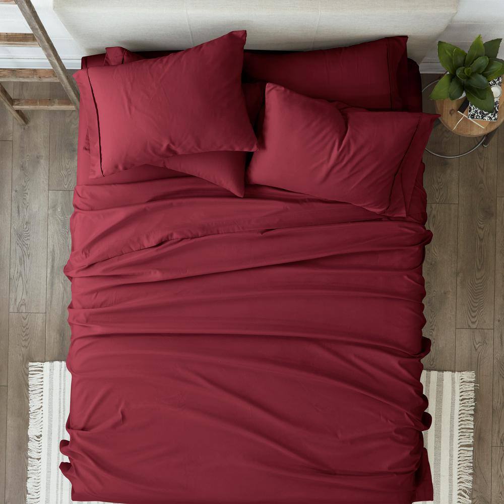 King Size Burgundy Cotton Polyester Microfiber 6-Piece Bed Sheet Set