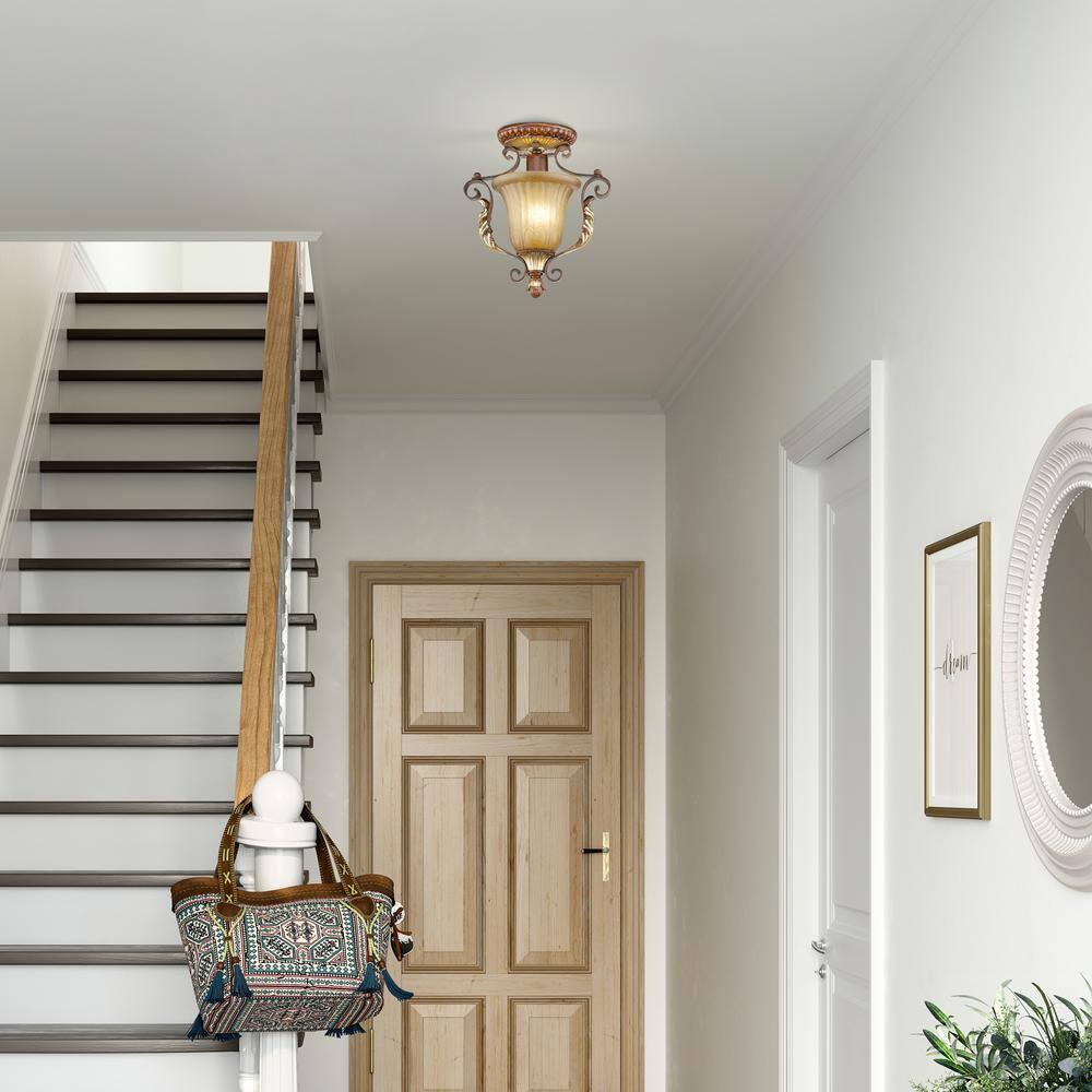 Verona Bronze and Gold Leaf Rustic Glass Semi-Flush Mount