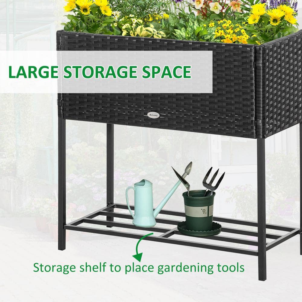 Black Rectangular Rattan Wicker Elevated Garden Bed with Tool Shelf