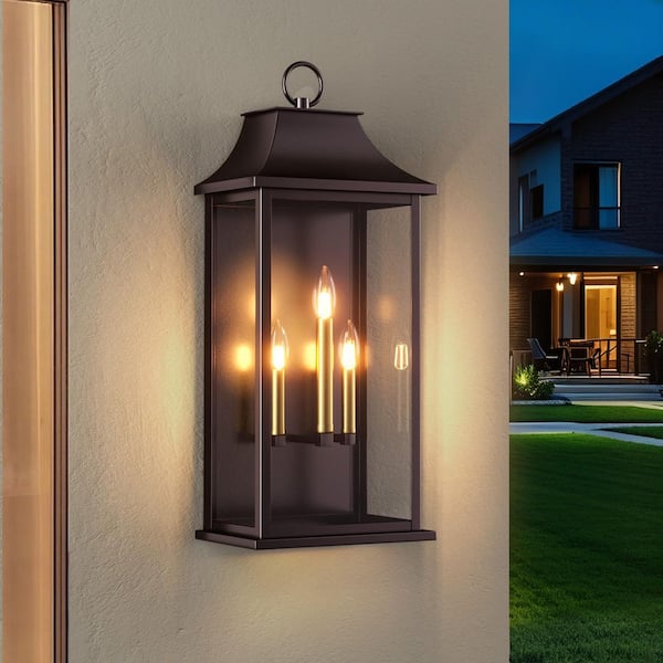 25.3 in. 3-Light Oil Rubbed Bronze Modern Dusk to Dawn Outdoor Hardwired Metal Wall Lights Sconces Lighting Fixtures