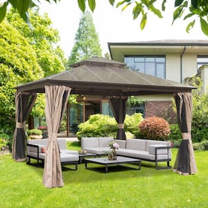 12 ft. W x 12 ft. D Aluminum Hardtop Polycarbonate Double Roof Gazebo, Curtains and Netting
