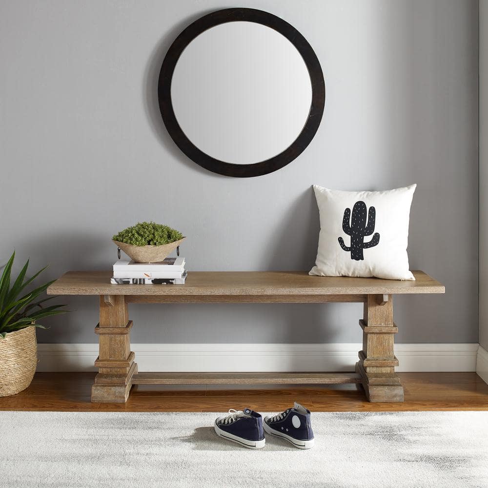 Rustic Brown Farmhouse Wood Dining Bench with Pedestal Columns