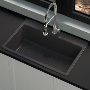 Stonehaven 33 in. Drop-In Single Bowl Black Onyx Granite Composite Kitchen Sink with Black Strainer