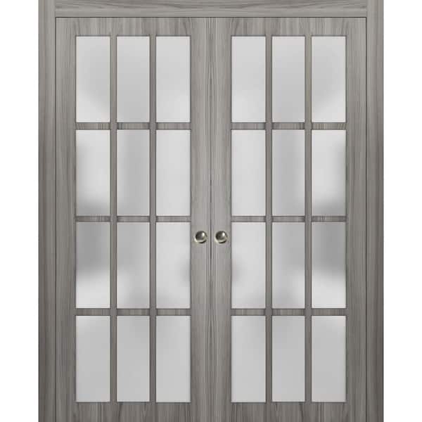 56 in. x 96 in. 1 Panel Gray Finished Wood Sliding Door with Double Pocket Hardware