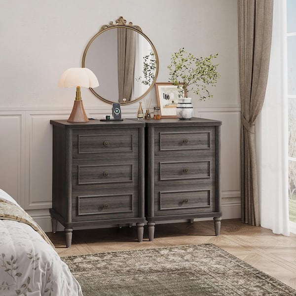 grey nightstands and dresser Bestier (Set of 2)Dark 19 in. W Traditional Nightstand with 3 Drawers, Power Outlets, USB Port Vintage Metal Handles silk champagne dress