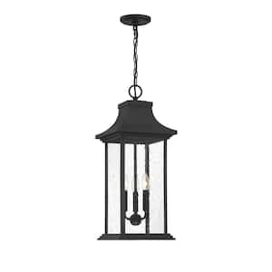 Hancock 10.5 in. W x 25 in. H 3-Light Matte Black Outdoor Hanging Lantern with Clear Seeded Glass Panes