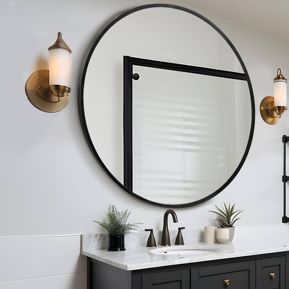 47.2 in. W x 47.2 in. H Round Framed Mirror Black Bathroom Round Wall ...