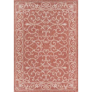 Charleston Red/Beige 5 ft. Vintage Filigree Textured Weave Round Indoor/Outdoor Area Rug