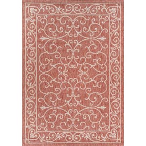 Charleston Red/Beige 9 ft. x 12 ft. Vintage Filigree Textured Weave Indoor/Outdoor Area Rug