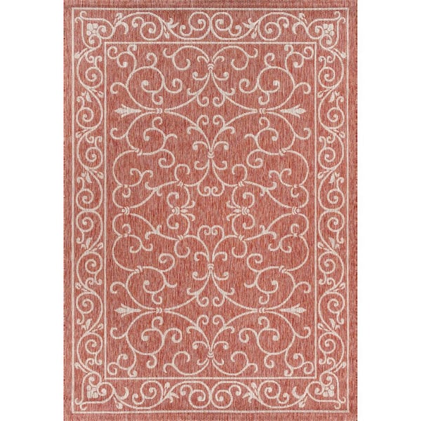 Charleston Vintage Filigree Textured Weave Red/Beige 9 ft. x 12 ft. Indoor/Outdoor Area Rug