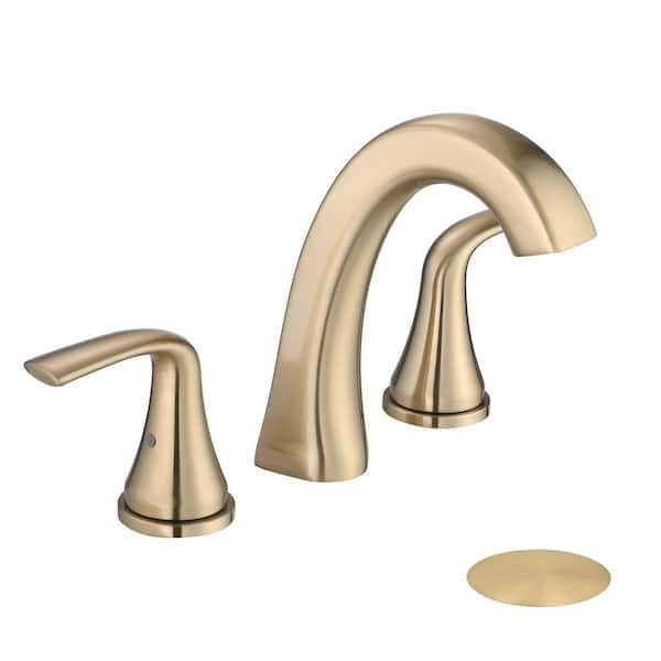 Pdpbath 8 in. Widespread Double-Handle Bathroom Faucet with Pop-Up Drain in Brushed Gold