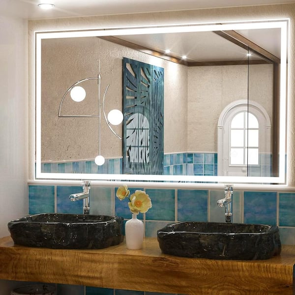 ANGELES HOME 40 in. W x 24 in. H Rectangular Aluminum Frameless Wall Bathroom Vanity Mirror w/ Light, Tempered Glass