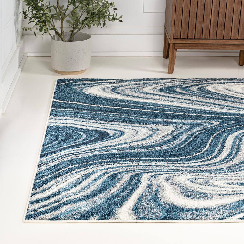 Turquoise and Cream Abstract Marble 5x8 Area Rug