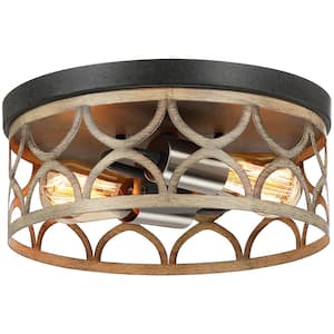 12 in. 2-Light Bronze and Wood Tone Flush Mount Ceiling Light