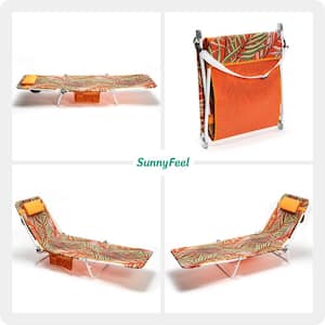 Orange Oxford and White Steel Frame Reclining Portable Folding Camping Chair with Padded Pillow for Lawn/Picnic/Beach