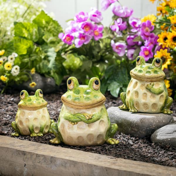 Evergreen 7 in. Ceramic Frog Family Garden Statue, (Set of 3