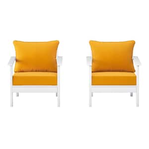 Birchwood White Outdoor Patio (Set of 2) Deep Seating HDPE Lounge Chairs w/ Yellow Cushions