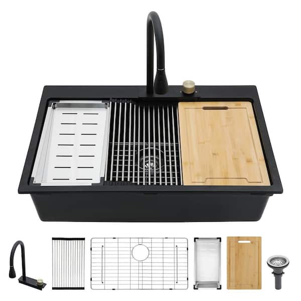 33 in. Drop In Single Bowl Black Quartz Kitchen Sink with Pull-Out Faucet and Workstation