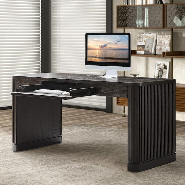Aurea 60 in. Charcoal Solid Wood Base Fluted Desk with Power Outlets