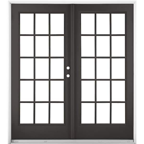 60 in. x 80 in. Black Left-Hand Inswing Fiberglass Full Lite LOE 15 Lite GBG Glass Hinged Patio Door