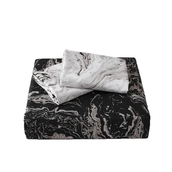 HomeRoots Black Gray White Striped Queen Microfiber Duvet Cover Set