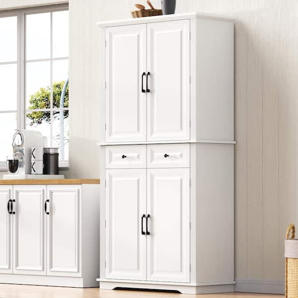 71" Tall White Farmhouse Kitchen Pantry Cabinet with 3 Pull Out Cabinet Organizers,6 Door Shelves, 2 Drawers