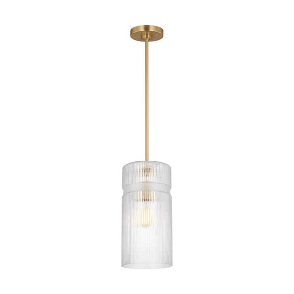 Liouet 7 in. W x 14 in. H 1-Light Satin Brass Transitional Pendant Light with Clear Ribbed Glass Shade