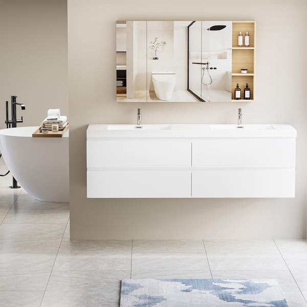 HBEZON Achilles 71 in. W x 20 in. D x 22.5 in. H Double Sink Floating Bath Vanity in Glossy White with White Resin Top