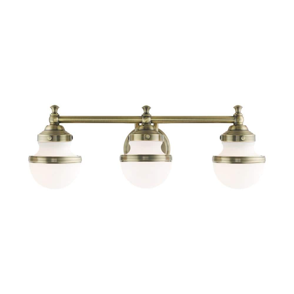 Antique Brass 3-Light Vanity with Hand Blown Satin Opal White Glass