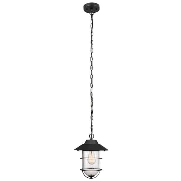 Globe Electric Matthews Matte Black Outdoor/Indoor 1-Light Hanging Pendant with Seeded Glass Shade