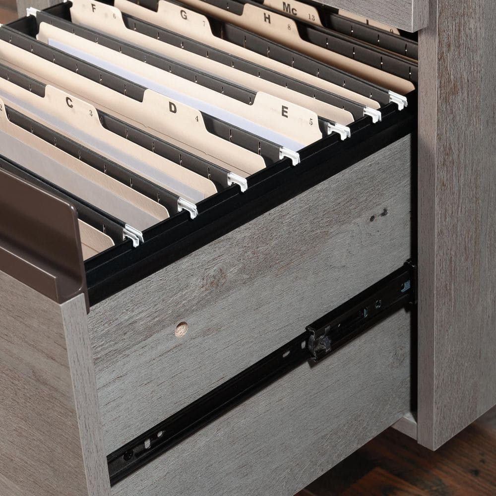 Mystic Oak Gray L-Shaped Computer Desk with Drawer and Filing Cabinet
