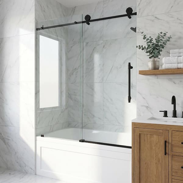 Elan Hart 56 to 60 in. W x 66 in. H Sliding Frameless Tub Door in Matte Black with 3/8 in. (10mm) Clear Glass