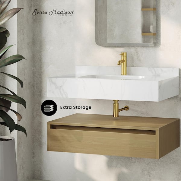 Avancer 36 in. Wall-Mounted Bathroom Vanity in Natural Oak with White Marble Ceramic Sink Top