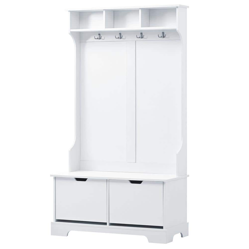 Nestfair White Freestanding Hall Tree with Storage Bench, 2 Flip Shoe ...