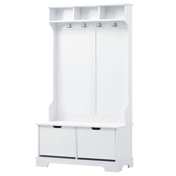 Nestfair White Freestanding Hall Tree with Storage Bench, 2 Flip Shoe Storage Drawers, Shelves and Hooks