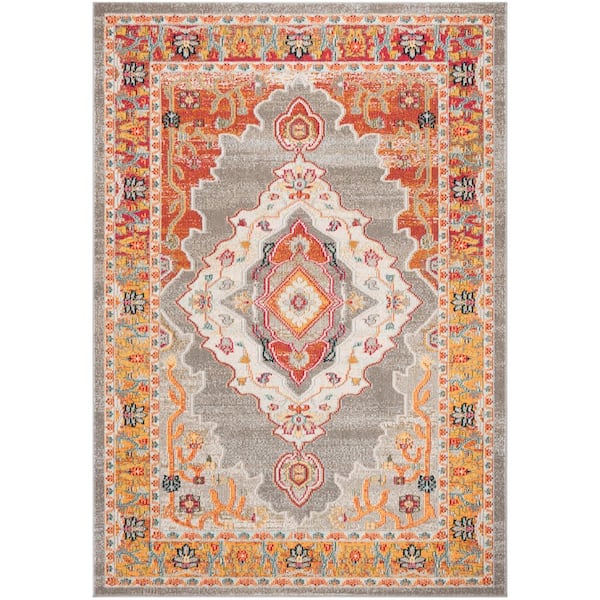 Phoenix 9 ft. x 12 ft. Orange/Gray Medallion Border Area Rug