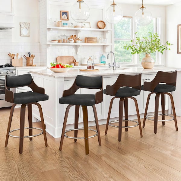 Kasper 26 in. Black Walnut Wood Frame Swivel Counter Height Bar Stool with Faux Leather Upholstery Set of 4