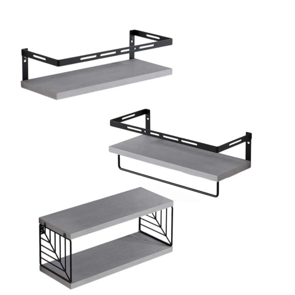 3-Piece 15.8 in. x 3 in. x 5.9 in. Wood Rectangular Bathroom Shelf in Gray with Towel Bar, Floating Shelves