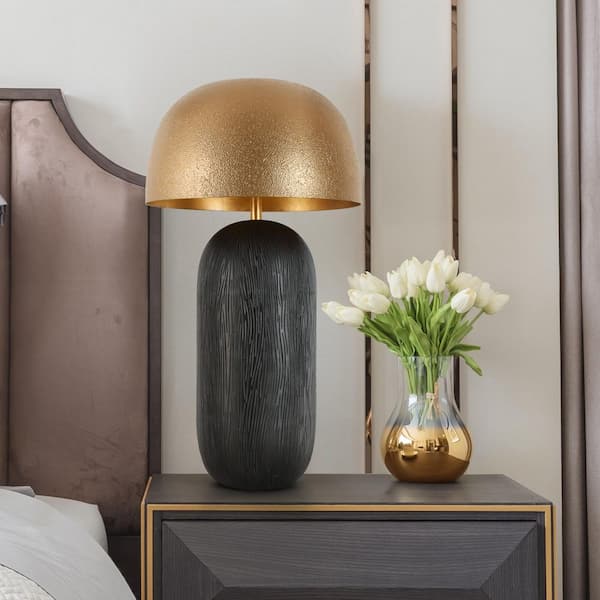 LNC Hecatonimos 25.6 in. Black Modern Bedroom Mushroom Table Lamp with Aged Gold Exterior and Goldleaf Interior Metal Shade